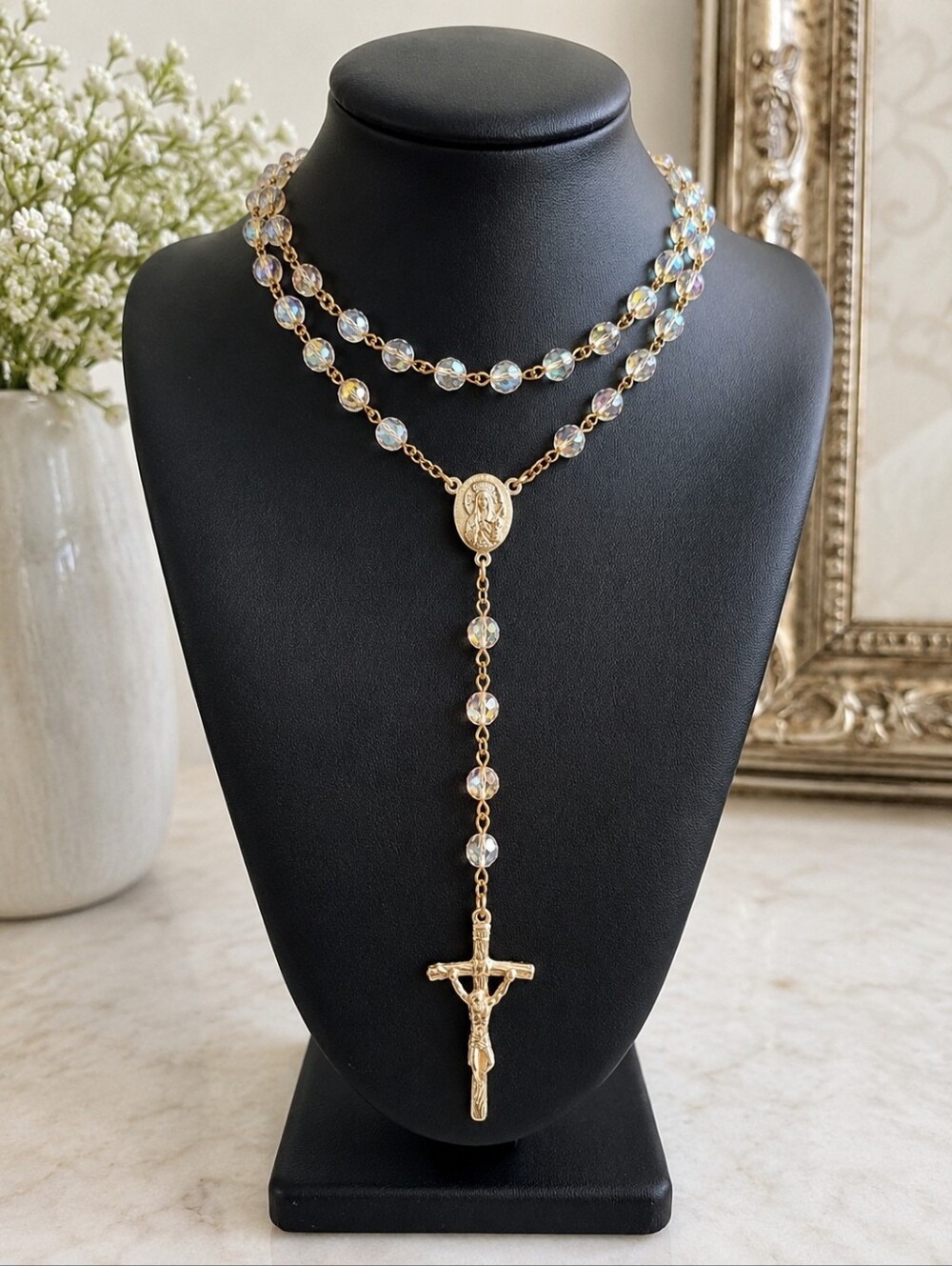 Vintage Aurora Borealis Rosary Necklace Gold Tone Virgin Mary & Crucifix 24" + 5